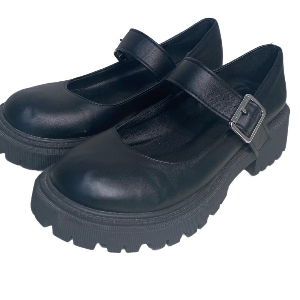 Black Faux Leather Y2K  Mary Jane Chunky Heel Platform‎ Shoes US 7 Grunge Goth